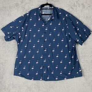 Vatpave Shirt Mens 3XL Blue Pink Flamingo Print Short Sleeve Button Up Casual
